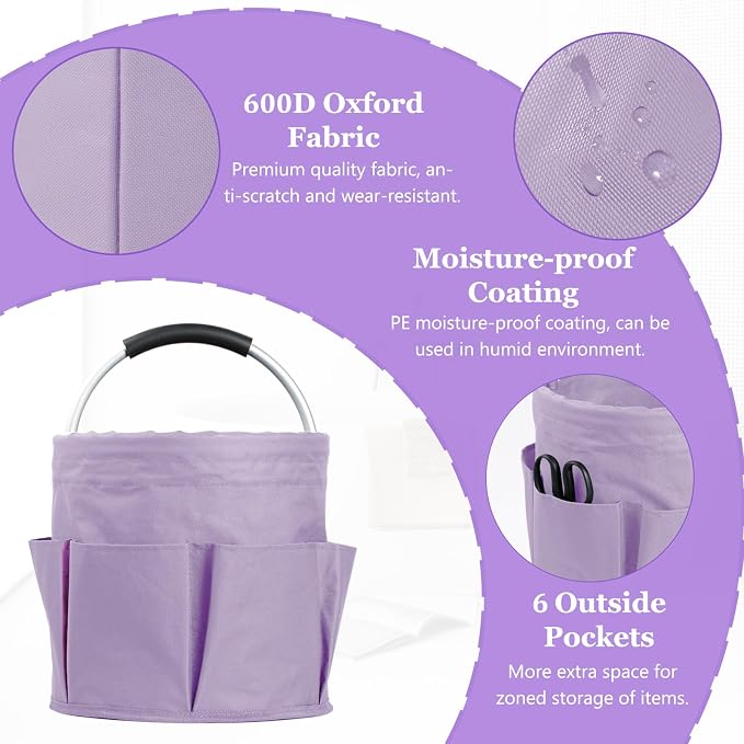17L Purple Shower Caddy for Women, Foldable Cleaning Caddy with Handle and 6 Pockets, 600D Oxford Fabric Garden Tool Bag, Multifunctional Storage Basket for College, Dorm, Family, Purple