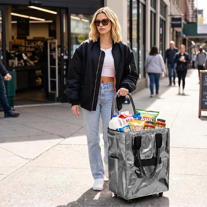 Rolling Tote Bag with Wheels Reusable Grocery Bags on Wheels for Laundry Camping Moving Waterproof