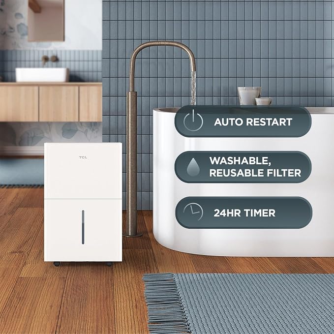 TCL 50-Pint Capacity Quiet, Energy Efficient Portable Dehumidifier, Precise Humidity Control, Bucket or Continuous Drain, Compact Humidity Absorber for Home, Attic, Garage & Rooms up to 4500 Sq Ft