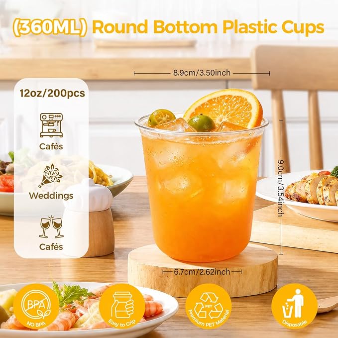 KesaPlan 200 Pcs 12oz Round Bottom Plastic Cups, Disposable Stemless Wine Glasses Cups for Cocktail Iced Coffee Juice, Clear Cold Drinking Party Cups for Meeting Wedding Gathering Birthday Supplies