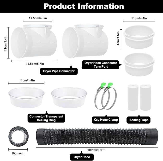 Dryer Vent Hose For Tight Space,Dryer Vent Connector Kit with 4 Inch 10 Feet Hose,90 Degree Dryers Vent Elbow,Space Saving and Easy to Install