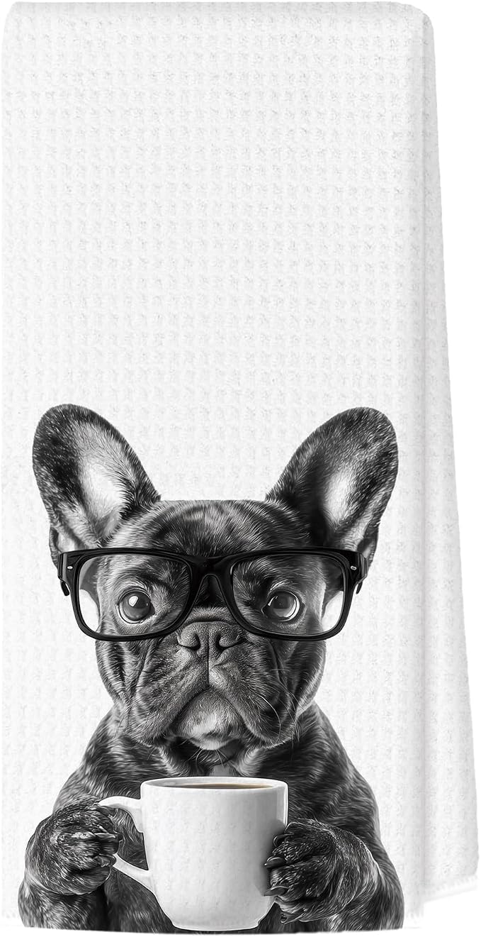 Funny French Bulldog Kitchen Towels, Dog Kitchen Accessories, Dog Chef Gifts for Women Decorative Hand Towels for Kitchen Decor, Coffee Lovers Gifts Dish Tea Towel, 16x24 Inch