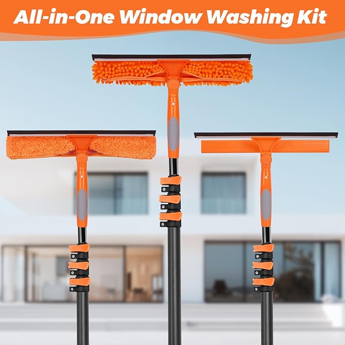 Window Squeegee with Carbon Fiber Extension Pole for Home, 3.5 to 12Ft Window Cleaning Kit Tool Outdoor, Lightweight Professional Window Washing Kit with Rotatable Head & 2 Scrubbers, 2 in 1