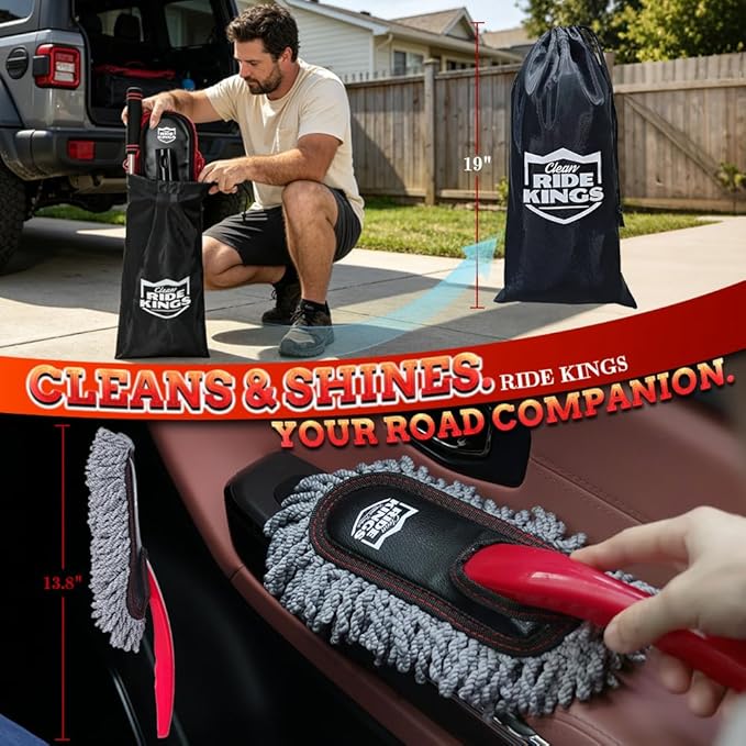 Car Duster Exterior Scratch Free & Interior Detailing Brush Set, Waxed Cotton Waterless Dust Remover, 360° Swivel Telescoping Handle, Multi-Purpose Cleaning Tool for Cars, RVs & Home