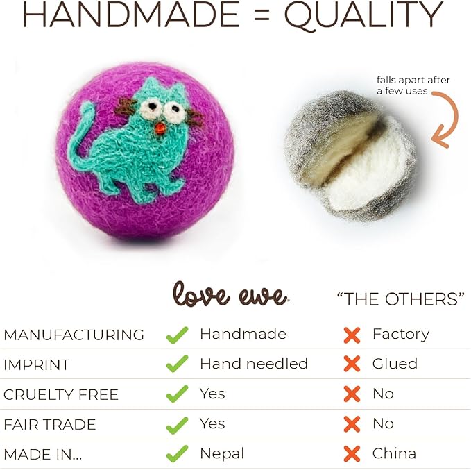 Hustle & Blush Wool Felt Balls 6 Pack, Love Ewe Pet Supplies - 2 inch Felted Wool Cat Toys Mouse and Duck & Bunny, 100% New Zealand Wools Felt Cat Toys Handmade Wools Felts Balls, Cats Felts