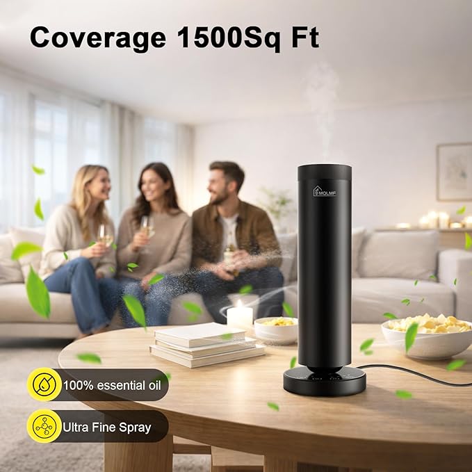 Waterless Diffuser,1500 Sq Ft,USB Plug-in & Rechargeable，Ring Ambient Light,Aluminum,Remote Control&Touch Buttons,Adjustable Fragrance Intensity&Timer,Hotel Collection Scent Machine - Black