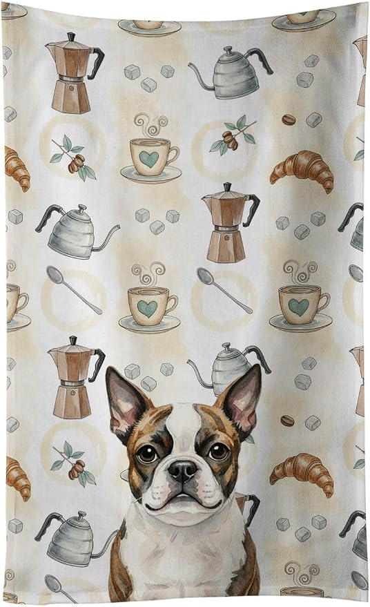 Caroline's Treasures Brindle Boston Terrier Coffee Bar Kitchen Towel Velour Plush Front and Cotton Loop Back Machine Washable