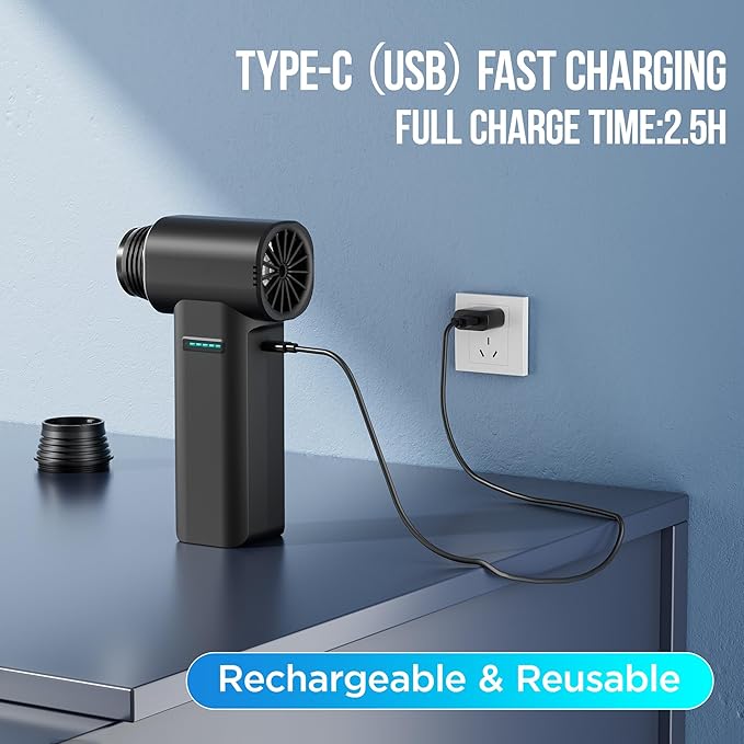 Electric Air Duster, Compressed Air Blower with 800000RPM Brushless Motor,max 1.1lbs Wind Force, Fast Charging Rechargeable Air Blower,3-Speed Air Dryer for PC, Car & Home Cleaning