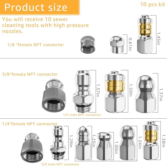 Jetter Heads Kit (Pack of 10) Jetter Nozzle Kit Rotating Button Drain Cleaning Nozzle Tips for Pressure Washer Sewer Jetter Kit Stainless Steel Pressure 5000 PSI