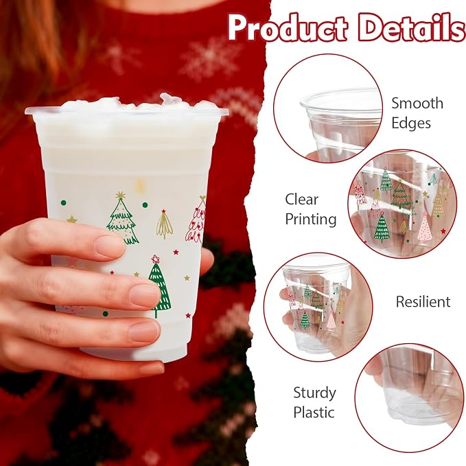 100Pcs Boho Christmas Tree Plastic Party Cups, 12oz Xmas Disposable Clear Cups for Christmas Party, Holiday Gatherings, Decorative Drinkware Supplies