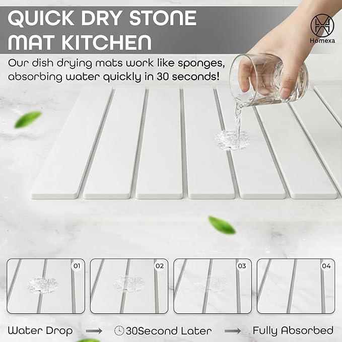 Stone Dish Drying Mat 24" x 16" – Dish Drying Stone – Large Diatomaceous Earth Drying Mat with Non-Slip Base – Quick Dry Kitchen & Bathroom Drying Pad for Dishes, Glassware & Bottles (Solid White)