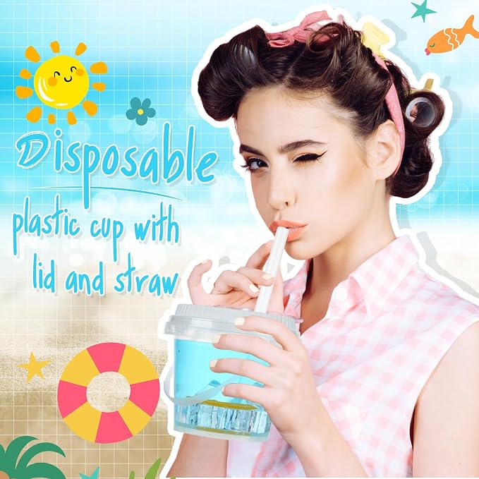 Funnymoom 50 Set 24 oz Clear Drink Buckets with Lids and Straws, Disposable Plastic Rum Cocktail Pails with Handles, Large Smoothie Cups for Adult Bachelorette Party Supplies, Beach & Catering Events