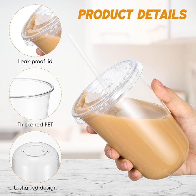 Ziliny 50 Sets Clear Round Bottom Plastic Cups with Lids and Straws, Cute Disposable Drinking Coffee Cups, for Christmas Valentine's Galentine's Day Party Wedding Birthday Supplies (16oz,Clear)