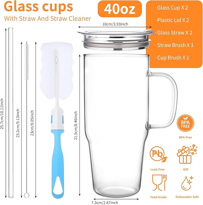 2Pack 40OZ Glass Tumbler with Handle,Glass Cup with Lid and Straw,Reusable Glass Iced Coffee Cup for Beer, Smoothies, Juice,Hot/Cold Drinks-Suitable for Birthday,Wedding,Christmas Gifts