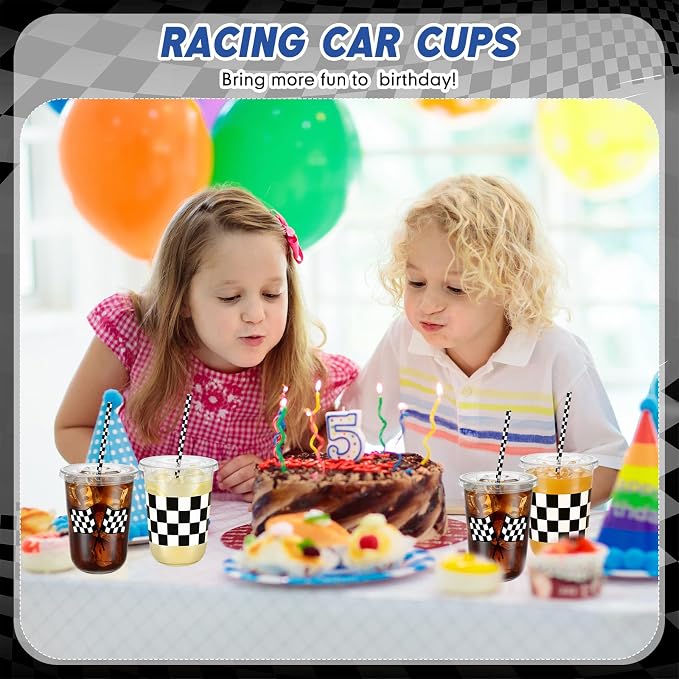 LemonRoad 100sets 16oz Checkered Flag Cups Race Car Birthday Party Decorations Supplies Plastic Cups Disposable with Lids and Straws for Racing Party Christmas Birthday Wedding Baby Shower Decoration