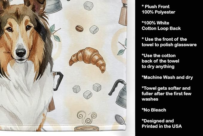 Caroline's Treasures Sable Collie Coffee Bar Kitchen Towel Velour Plush Front and Cotton Loop Back Machine Washable