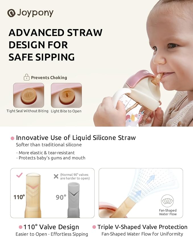Joypony Sippy Cups for Toddlers 1-3, Spill Proof Weighted Straw Cup with Handle for Baby 6 Months + old, 2 Silicone Straws, PPSU, BPA Free, 9 oz (Pink)