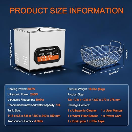 Ultrasonic Cleaner 10L 240W 40kHz Digital Cleaning Machine with Degassing, Heater & Timer for Tools Jewelry Watches Glasses Dentures Small Parts