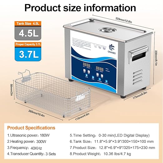 Granbo Professional 4.5L Ultrasonic Cleaner, Ultrasonic Jewelry Cleaner with Heater Timer and Degassing, Digital Ultrasonic Parts Cleaner for Dental Glasses Jewelry Small Parts Circuit Board