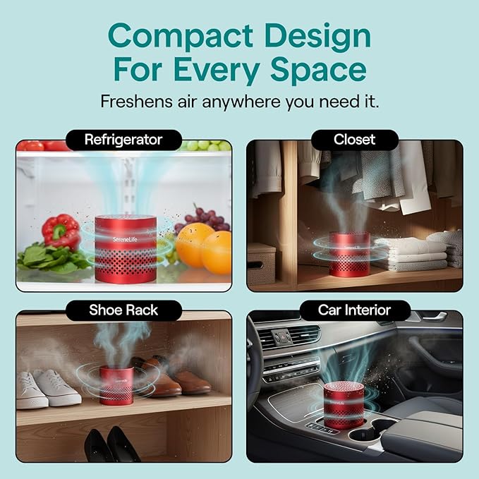 SereneLife Fridge Deodorizer & Odor Eliminator, Multi-Use Refrigerator Deodorizer Aluminum Pod for Freezer, Closet, Car, Shoes & Enclosed Spaces, Compact, Reusable & Lasts Up to 10 Years (Red)