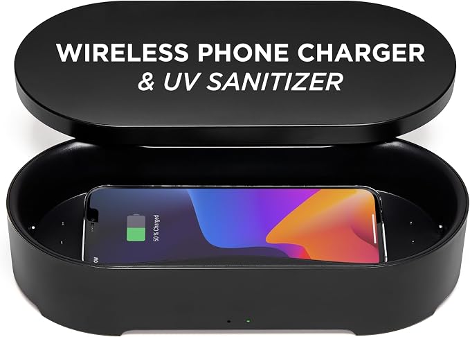 Lexon UV Phone Sanitizer Machine & Wireless Charger - OBLIO Box QI Fast Charging and 360° UV-C Light Cellphone Cleaner, Glasses, Keys, Makeup Brush, Tools, All that Fits in - Black