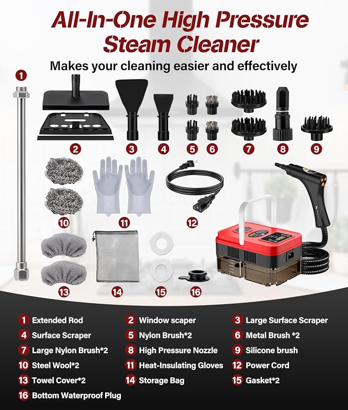 2026 Upgraded Steam Cleaner,10s Heat-Up,1.2L Tank, 6-Level Adjustable Handle,1500W Steamer for Cleaning, Portable Steamer for Cleaning with 20PCS Accessories, Steam Cleaner for Home,Car,Dirt