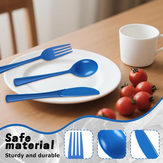 Plastic Silverware 300 PCS Disposable Silverware Heavy Duty Utensil Sets 100 Of Each Forks Knives & Spoons Disposable Cutlery Set For Easter,Birthday,Baby Shower,Garden Party,Wedding(300,Blue)