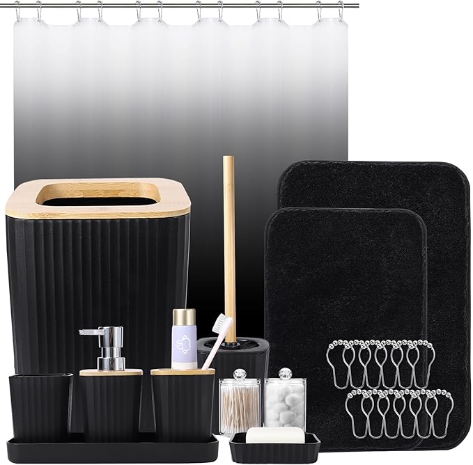 XLHOMO Bathroom Sets with Shower Curtain and Rugs,Black Bathroom Set with Bathroom Trash Can,Soap Dispenser,Toilet Brush,Toothbrush Set,Qtip Holders for Housewarming