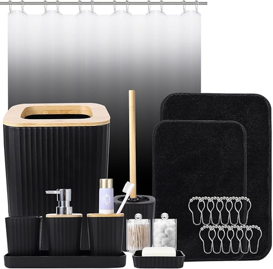 XLHOMO Bathroom Sets with Shower Curtain and Rugs,Black Bathroom Set with Bathroom Trash Can,Soap Dispenser,Toilet Brush,Toothbrush Set,Qtip Holders for Housewarming