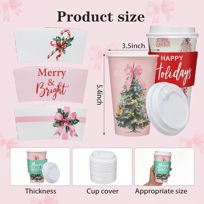 36 Sets/ 108 Pcs Pink Bow Christmas Tree Paper Cups 16 oz Disposable Coffee Cups with Lids and Sleeves Xmas Hot Cocoa Coffee Mug for Cold Drinks Hot Chocolate Christmas Party Supplies
