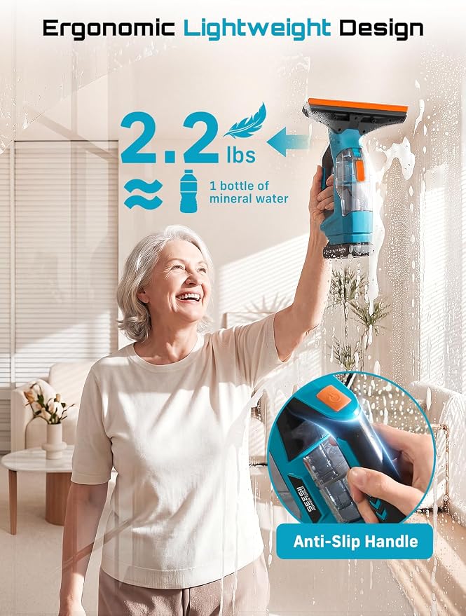 SEESII Cordless Window Vacuum Squeegee, 2000Pa Electric Window Squeegee, 60Mins Battery Life with 11" and 6.7" Squeegees for Mirrors, Glass, Tiles