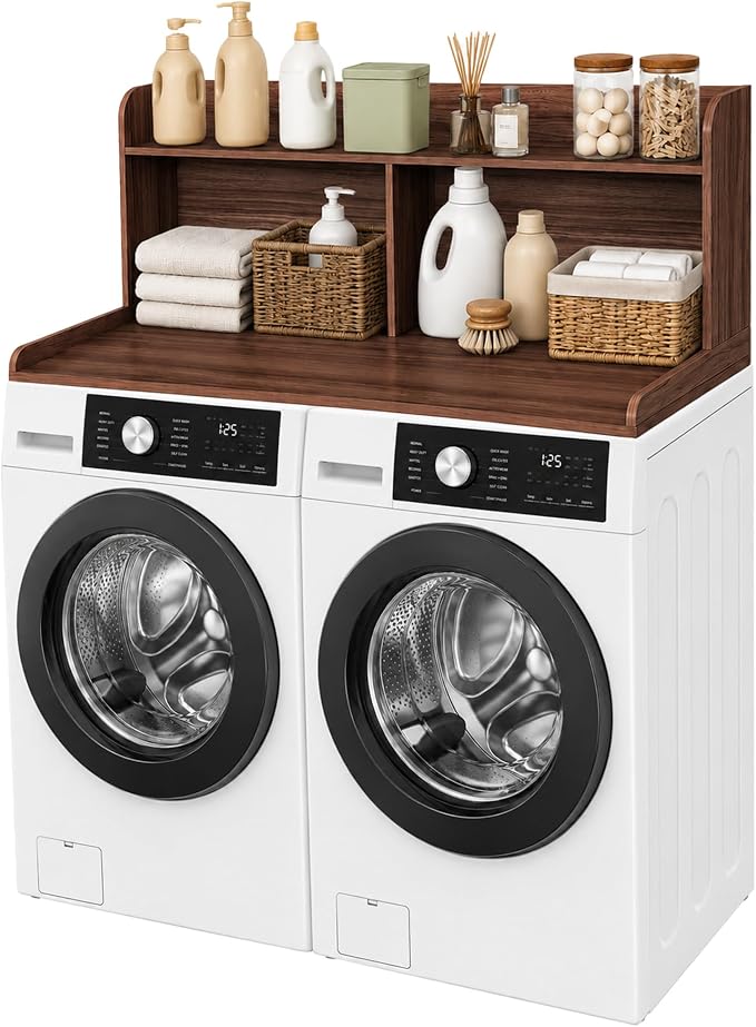 Royxen Washer Dryer Countertop with Extra Tall Shelf, 19" Height Washer and Dryer Topper, Laundry Countertop with Non-Slip Pads, Universal Fit for Laundry Room Organization, Walnut