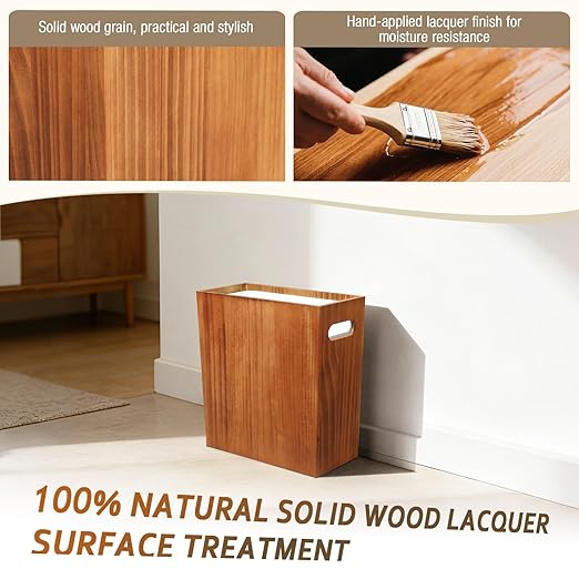 3 Gallon Wood Trash Can, Solid Wooden Trash Can with Plastic Liner, Handmade Slim Small Trash Can with Handle Fits Narrow Spaces, Decorative Wastebasket for Bathroom, Bedroom, Office, Kitchen