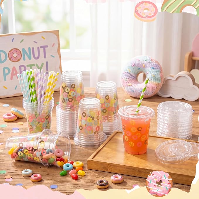 Domensi 25 Sets Donut Themed Plastic Cups with Lids and Paper Straws 12oz Colorful Disposable Drinking Cups Bulk for Cold Drinks Baby Shower Wedding Picnic Summer Theme Birthday Party Supplies