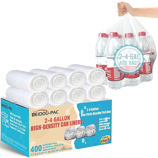 BEIDOU-PAC 2-4 Gallon Trash Bags, 400 Count Bulk, Clear Plastic Recycling Bags, Small Multi-purpose Garbage Bags for Business Home Bathroom Kitchen Commercial and Industrial