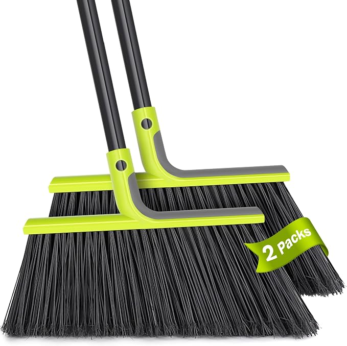 TidyBliss 2 Pack Outdoor Broom Heavy Duty, 56 inches Tall Commercial Soft Bristle Angle Brush for Sweeping Outside Patio Garden Porch Deck Shop Restaurant Garage House Lobby Hardwood Floors (Green)
