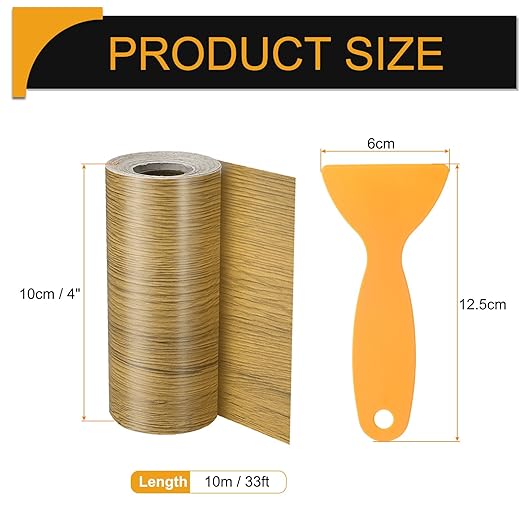 HARFINGTON Wood Grain Repair Tape 4 Inch x 33ft Self Adhesive Repair Patch Tape Simulated Wooden Floor Tapes with Plastic Scraper for Tables Doors Windows Furniture, Yellow Teak