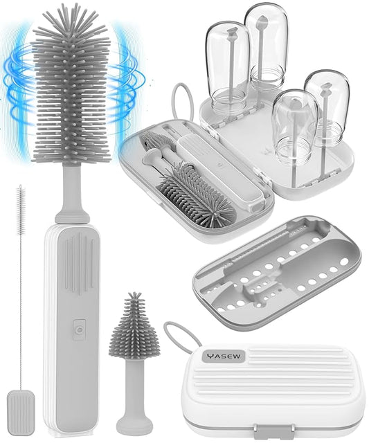 Electric Baby Bottle Brush Cleaner for Travel – BPA-Free Silicone, One-Button 360° Deep Cleaning, 2000mAh Rechargeable, Portable Bottle Cleaning Kit with Storage Box for Home & On-The-Go (Grey)