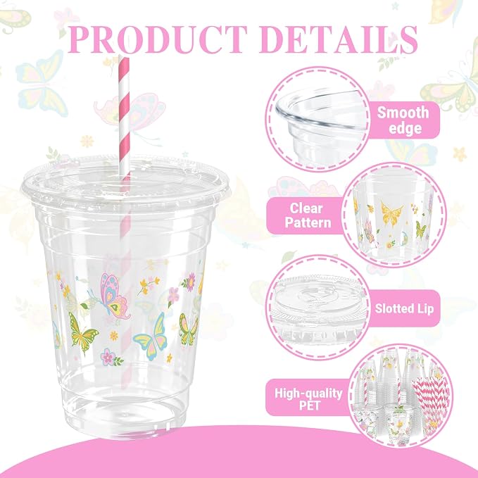 50 Sets Butterfly Plastic Cups with Lids Straws 12 oz Floral Butterfliy Disposable Cups Spring Flower Party Favor Drinking Beverage Cup for Baby Shower Birthday Party Supplies