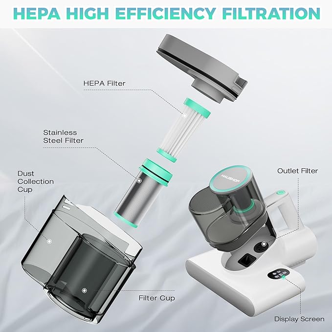 HAUSHOF Mattress Vacuum Cleaner, 16 Kpa Bed Vacuum Cleaner with 275nm UV-C Light, 140°F Heat, Ultrasonic, HEPA Filter, Dual Dust Cups, Versatile Handheld Vacuums for Bed, Sofa, Couch, Crib