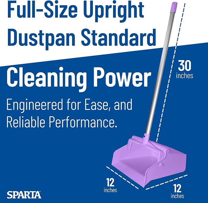 SPARTA Color Coded Upright Dustpan with 30 Inch Aluminum Handle, Serrated Edge and Locking Yoke, Standing Commercial Floor Dust Pan, Purple