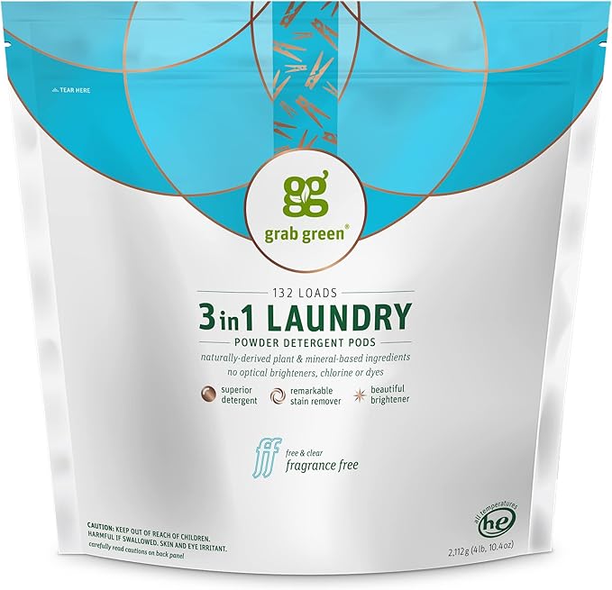 Grab Green 3-in-1 Laundry Detergent Pods, 132 Count, Fragrance Free | Plant & Mineral-Based; Enzyme-Powered; Velcro Closure; Laundry Brightener; Stain Remover