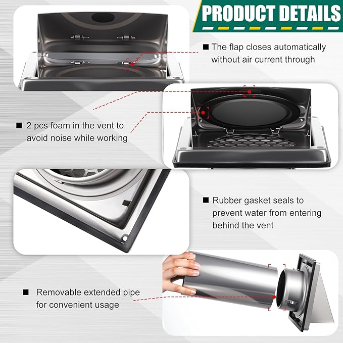 4 Inch Dryer Vent Cover Outside with Stainless Steel Guard Outdoor Wall Dryer Exhaust Vent Cover Shroud Hood Cushioned Non Return Flap with Sealing Gasket(Hexagon, with Extension Tube)