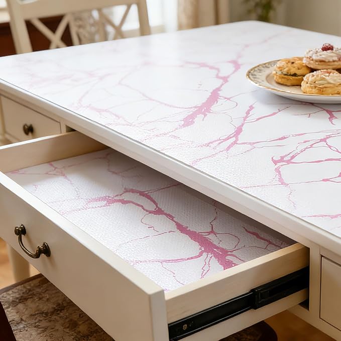 Pink Marble Pattern Shelf Liner, Non-Adhesive Non-Slip Thickened Drawer Liner, Easy to Clean Contact Paper for Kitchen Cabinets, Tool Box, Refrigerator, Includes Knife & Tape Measure.17.3×236.22inch
