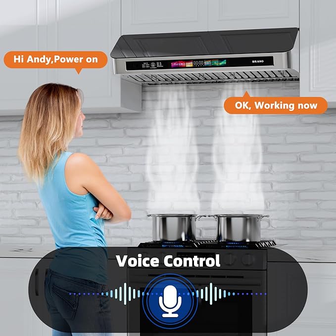 BRANO Under Cabinet Range Hood 30 Inch with Voice/Gesture/Touch Control, 900 CFM Kitchen Hood Vent with 4-Speed Exhaust Fan, Memory Mode, Adjustable Lights, Baffle Filters