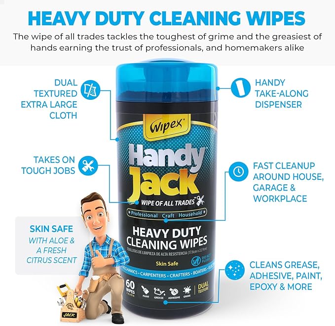 Wipex Handy Jack Degreaser Cleaner Heavy Duty Wipes, Dual Texture Cleaning Cloth for Mechanic Hand Wipes and Surfaces, Clean Tools & Automotive Parts, Paint Remover, Oil, Grease, & Dirt, 60ct Canister