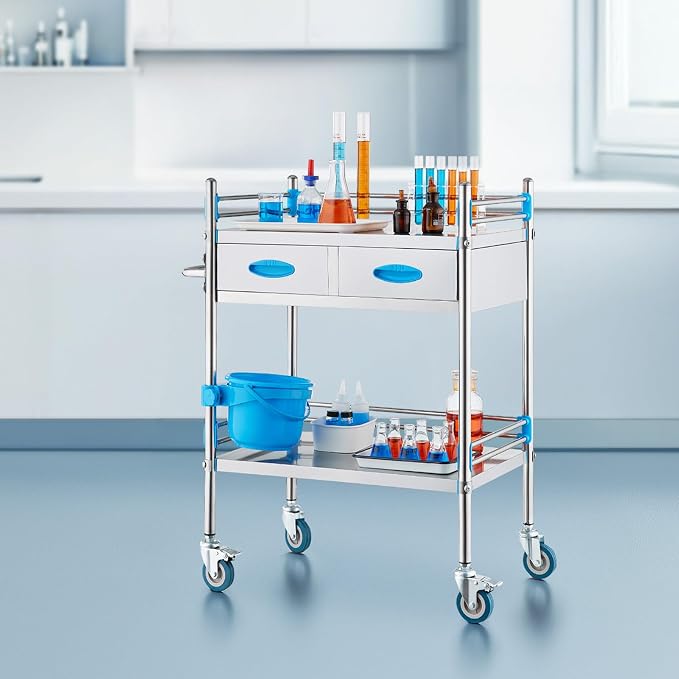 VEVOR Stainless Steel Utility Cart, 2 Layers with Two Lockable Wheels, Ideal for Laboratory, Hospital, Dental Use