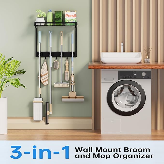 Broom Holder Wall Mount with Cleaning Supplies Organizer, Laundry Room Organization and Storage Shelves with Mop Hanger Rack Gripper Hooks, Home Improvement Kitchen Shelf Garage Organizer