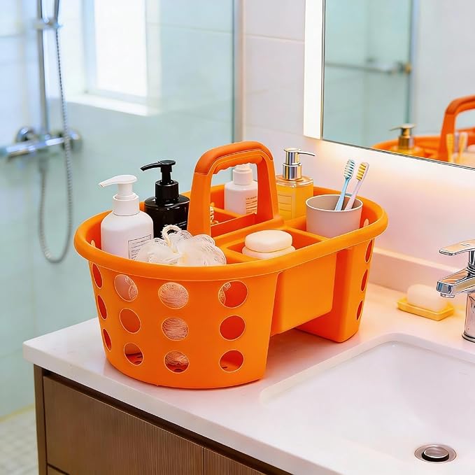 SIMPLYKLEEN Large Shower Caddy Portable 2PC - Made in USA Plastic Jumbo Size Dorm Storage Candy Tote with Handle Shower Organizer for Bathroom, Pantry, Kitchen, College Dorm, Orange/Purple