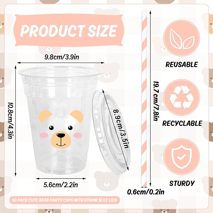 Whaline 50 Pcs 12 Oz Bear Disposable Plastic Cups with Lids and Straws Funny Bear Face Cold Beverage Drinking Cups for Birthday Baby Shower Party Supplies